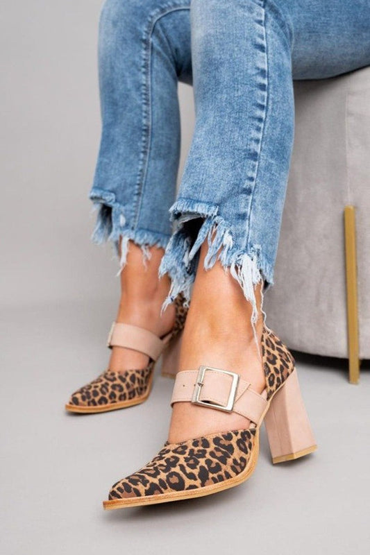 Comfortable Leopard Heels for Women with Block Heel Ankle Strap Pointed Toe Buckle Party Style