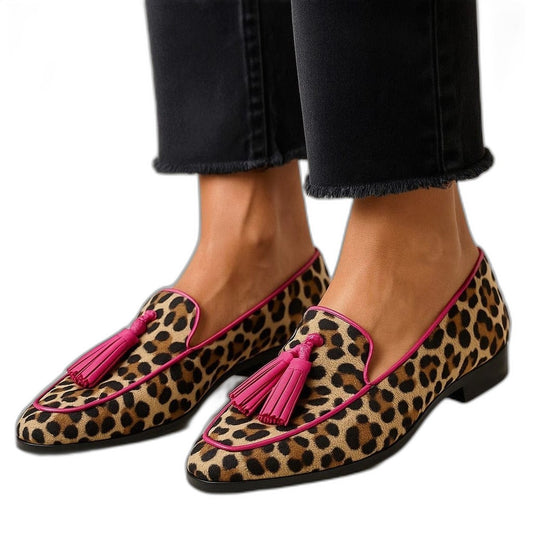 Comfortable Leopard Loafers for Women with Fringe Tassel Closed Toe Casual Style