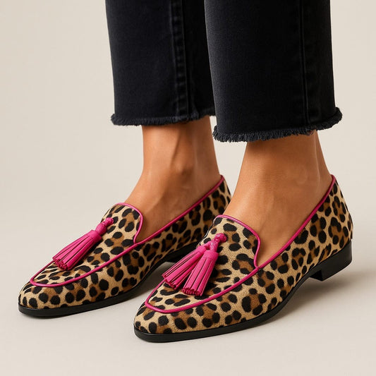 Comfortable Leopard Loafers for Women with Fringe Tassel Closed Toe Casual Style