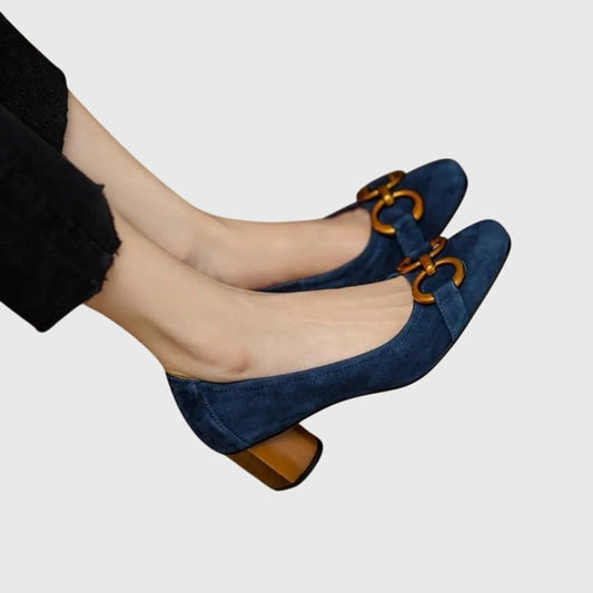 Comfortable Navy Suede Heels for Women with Block Heel Closed Toe Buckle Casual Style