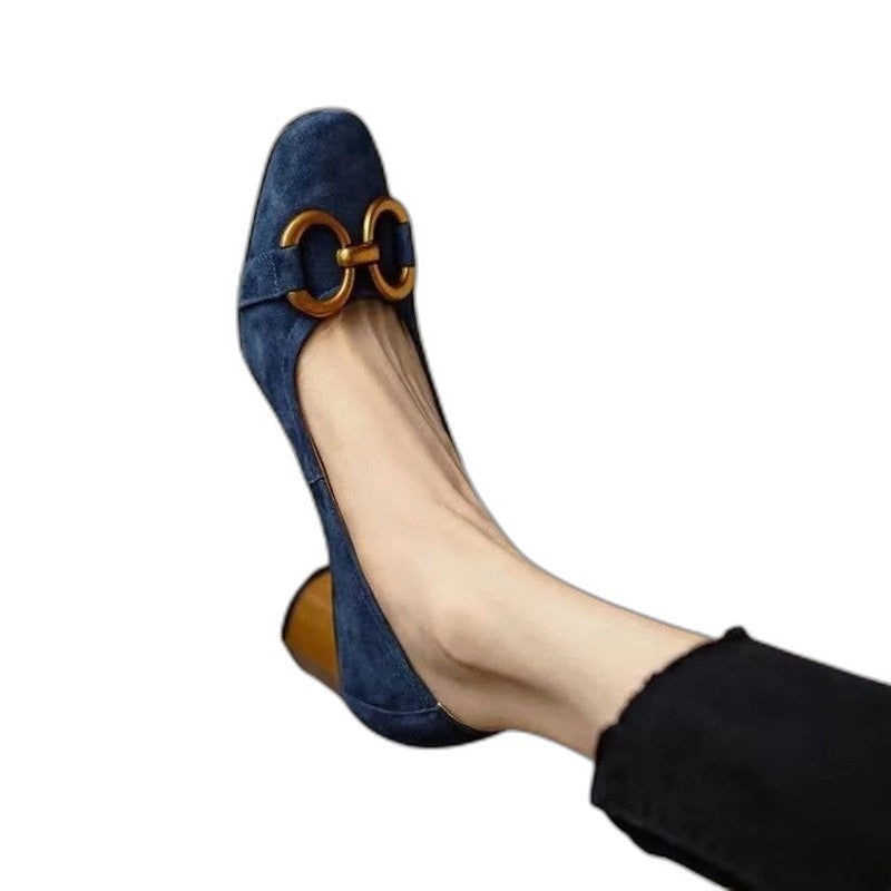 Comfortable Navy Suede Heels for Women with Block Heel Closed Toe Buckle Casual Style