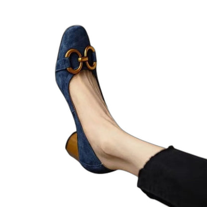Comfortable Navy Suede Heels for Women with Block Heel Closed Toe Buckle Casual Style