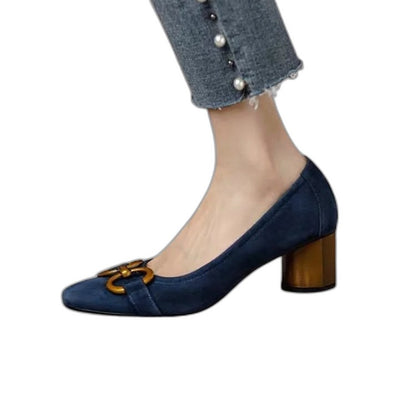 Comfortable Navy Suede Heels for Women with Block Heel Closed Toe Buckle Casual Style