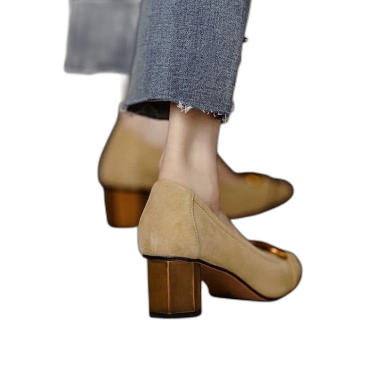 Comfortable Navy Suede Heels for Women with Block Heel Closed Toe Buckle Casual Style