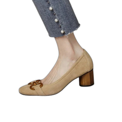 Comfortable Navy Suede Heels for Women with Block Heel Closed Toe Buckle Casual Style