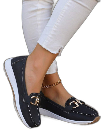 Comfortable Navy Suede Loafers for Women with Closed Toe Buckle Casual Style