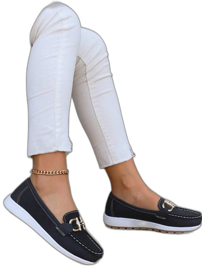 Comfortable Navy Suede Loafers for Women with Closed Toe Buckle Casual Style