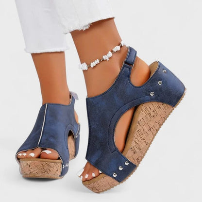 Comfortable Navy Suede Wedge Sandals for Women with Platform Ankle Strap Open Toe Casual Style