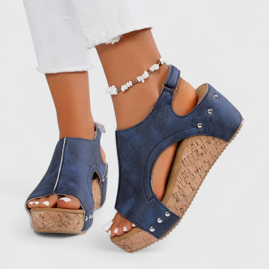 Comfortable Navy Suede Wedge Sandals for Women with Platform Ankle Strap Open Toe Casual Style