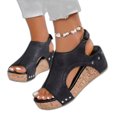 Comfortable Navy Suede Wedge Sandals for Women with Platform Ankle Strap Open Toe Casual Style