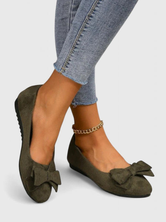 Comfortable Olive Suede Ballet Flats for Women with Ankle Strap Closed Toe Casual Style