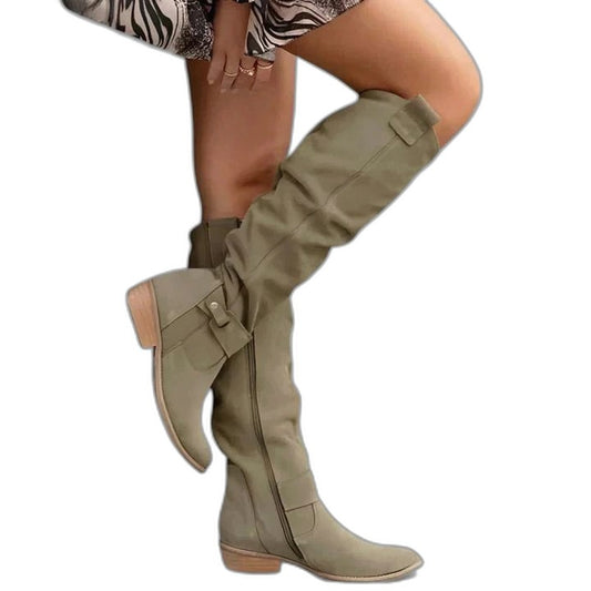Comfortable Olive Suede Knee High Boots for Women with Closed Toe Buckle Casual Style