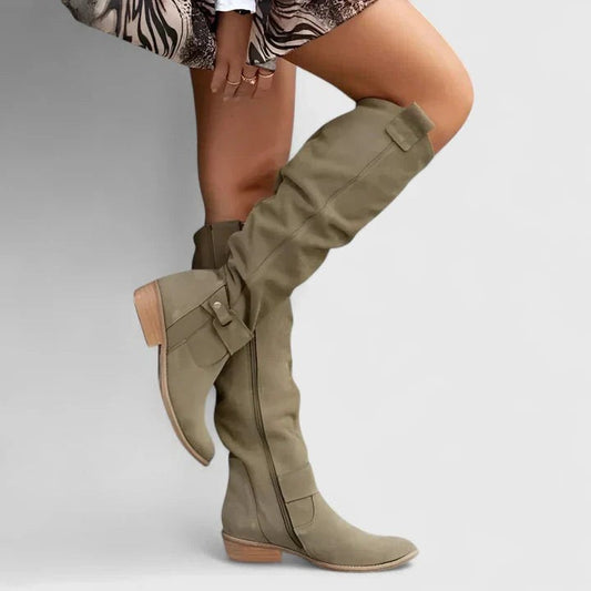 Comfortable Olive Suede Knee High Boots for Women with Closed Toe Buckle Casual Style