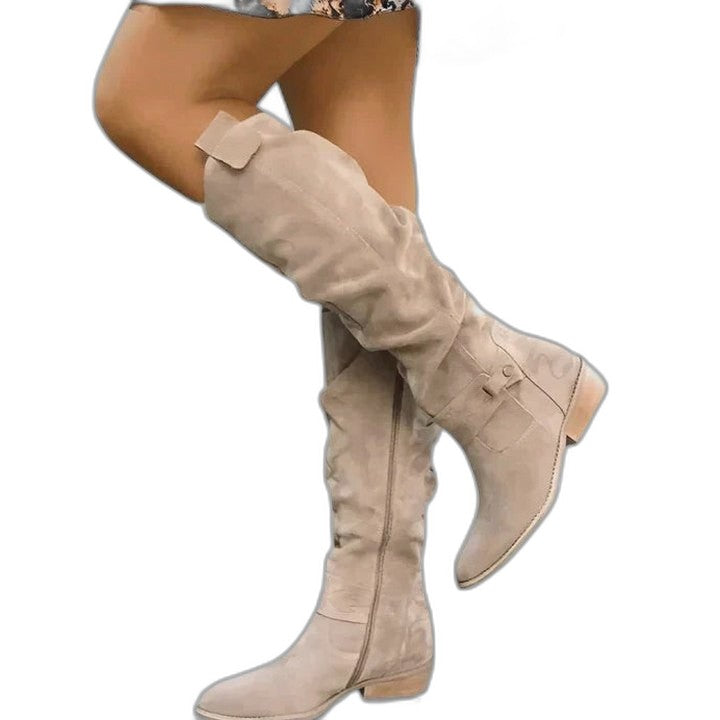 Comfortable Olive Suede Knee High Boots for Women with Closed Toe Buckle Casual Style
