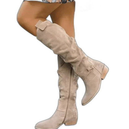 Comfortable Olive Suede Knee High Boots for Women with Closed Toe Buckle Casual Style