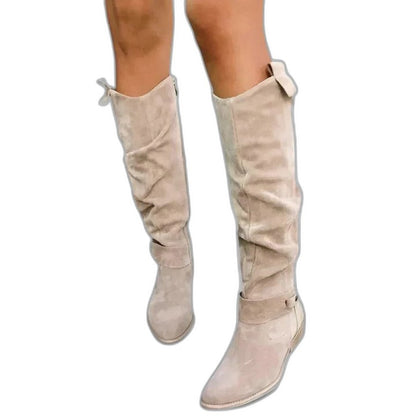 Comfortable Olive Suede Knee High Boots for Women with Closed Toe Buckle Casual Style