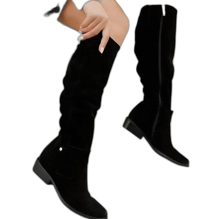 Comfortable Olive Suede Knee High Boots for Women with Closed Toe Buckle Casual Style