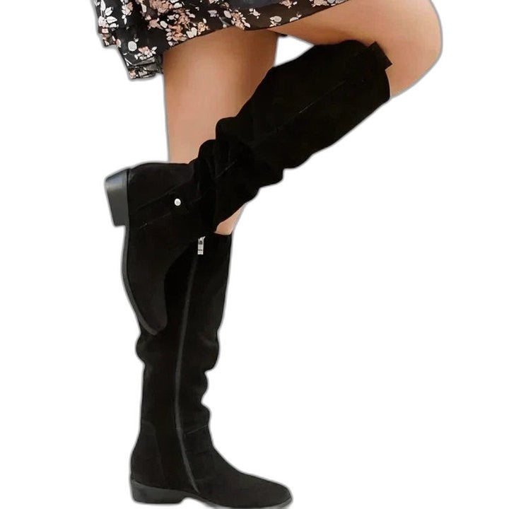 Comfortable Olive Suede Knee High Boots for Women with Closed Toe Buckle Casual Style