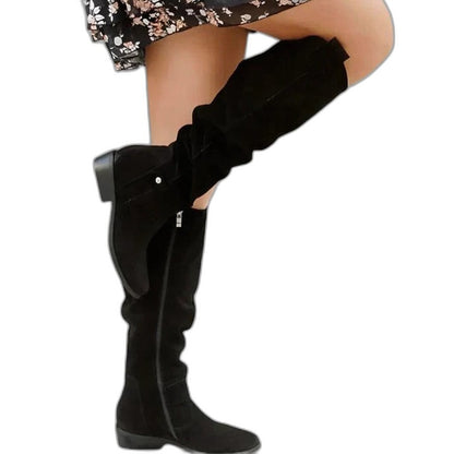 Comfortable Olive Suede Knee High Boots for Women with Closed Toe Buckle Casual Style