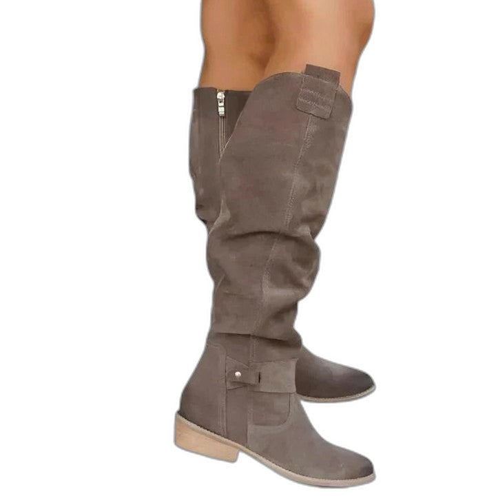 Comfortable Olive Suede Knee High Boots for Women with Closed Toe Buckle Casual Style