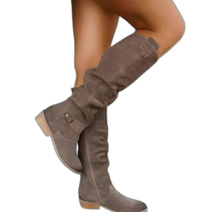 Comfortable Olive Suede Knee High Boots for Women with Closed Toe Buckle Casual Style