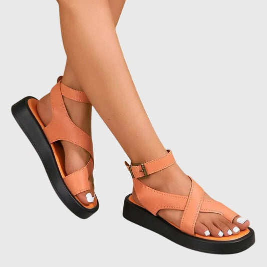Comfortable Orange Leather Sandals for Women with Platform Ankle Strap Open Toe Buckle Casual Style