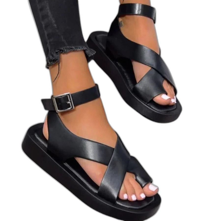 Comfortable Orange Leather Sandals for Women with Platform Ankle Strap Open Toe Buckle Casual Style