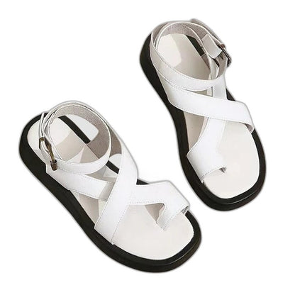 Comfortable Orange Leather Sandals for Women with Platform Ankle Strap Open Toe Buckle Casual Style