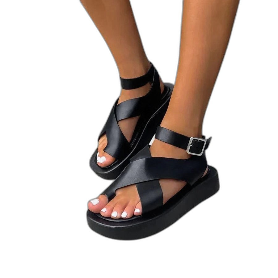 Comfortable Orange Leather Sandals for Women with Platform Ankle Strap Open Toe Buckle Casual Style