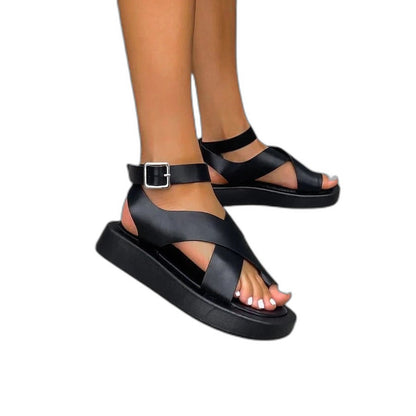 Comfortable Orange Leather Sandals for Women with Platform Ankle Strap Open Toe Buckle Casual Style
