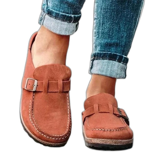 Comfortable Orange Suede Mules for Women with Closed Toe Buckle Casual Style
