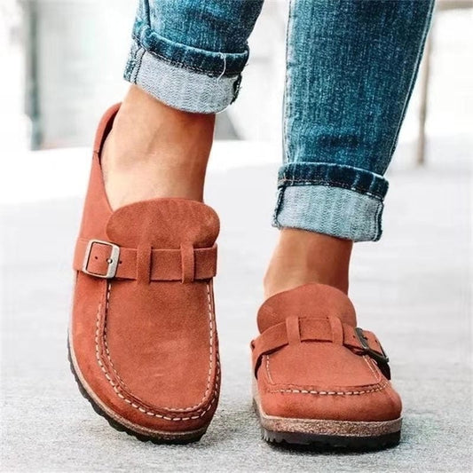 Comfortable Orange Suede Mules for Women with Closed Toe Buckle Casual Style