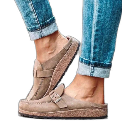 Comfortable Orange Suede Mules for Women with Closed Toe Buckle Casual Style