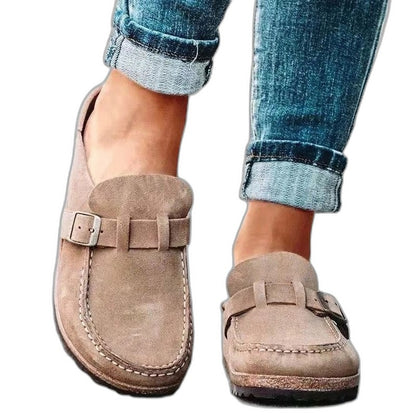 Comfortable Orange Suede Mules for Women with Closed Toe Buckle Casual Style