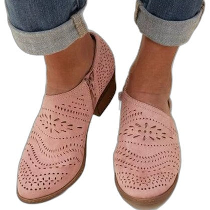 Comfortable Pink Leather Loafers for Women with Cutout Block Heel Closed Toe Casual Style