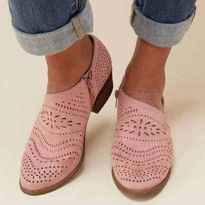 Comfortable Pink Leather Loafers for Women with Cutout Block Heel Closed Toe Casual Style