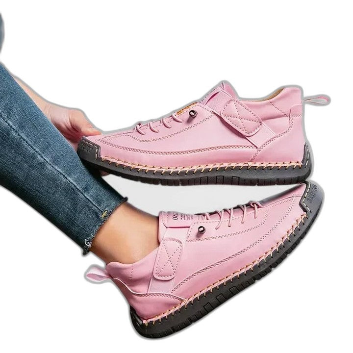 Comfortable Pink Leather Sneakers for Women with Platform Closed Toe Lace Up Casual Style