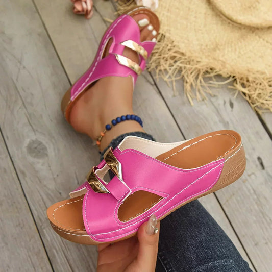 Comfortable Pink Sandals for Women with Platform Wedge Open Toe Buckle Casual Style