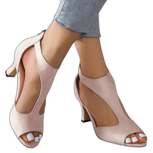 Comfortable Pink Suede Heels for Women with Cutout Ankle Strap Open Toe Party Style