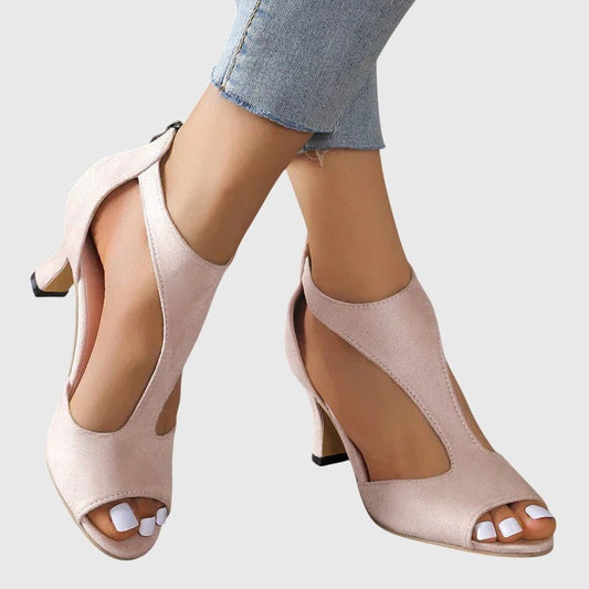 Comfortable Pink Suede Heels for Women with Cutout Ankle Strap Open Toe Party Style