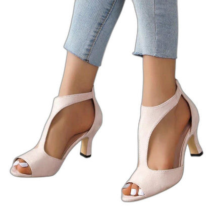 Comfortable Pink Suede Heels for Women with Cutout Ankle Strap Open Toe Party Style