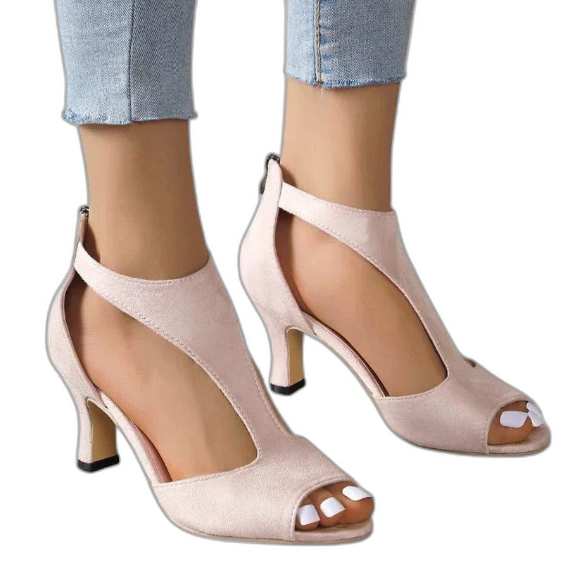 Comfortable Pink Suede Heels for Women with Cutout Ankle Strap Open Toe Party Style