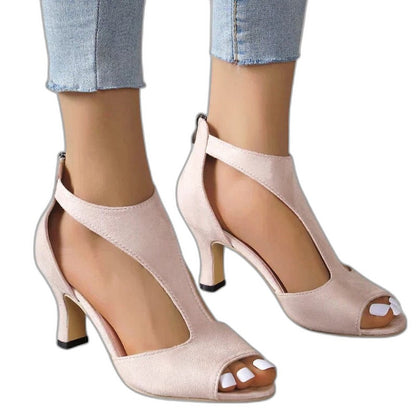 Comfortable Pink Suede Heels for Women with Cutout Ankle Strap Open Toe Party Style