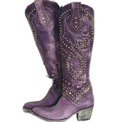 Comfortable Purple Leather Knee High Boots for Women with Block Heel Pointed Toe Studded Party Style