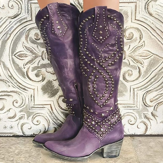 Comfortable Purple Leather Knee High Boots for Women with Block Heel Pointed Toe Studded Party Style