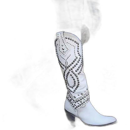 Comfortable Purple Leather Knee High Boots for Women with Block Heel Pointed Toe Studded Party Style