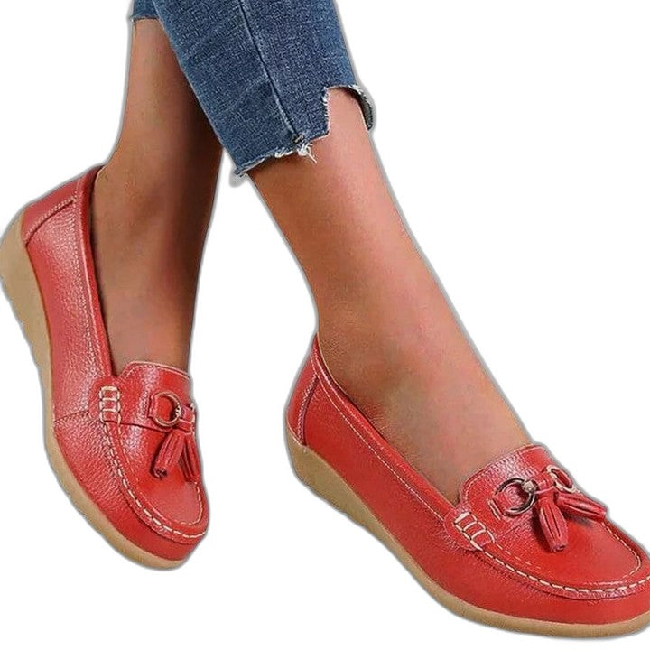 Comfortable Red Leather Loafers for Women with Closed Toe Casual Style