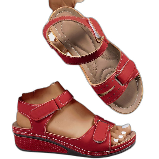 Comfortable Red Leather Sandals for Women with Platform Open Toe Buckle Casual Style