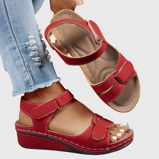 Comfortable Red Leather Sandals for Women with Platform Open Toe Buckle Casual Style