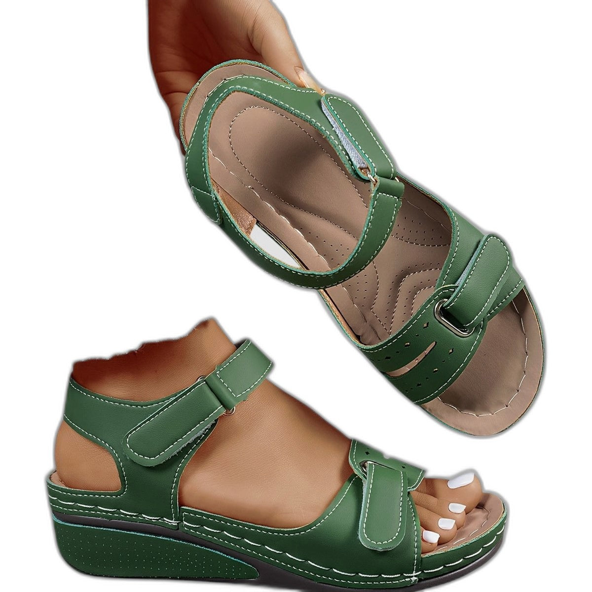 Comfortable Red Leather Sandals for Women with Platform Open Toe Buckle Casual Style